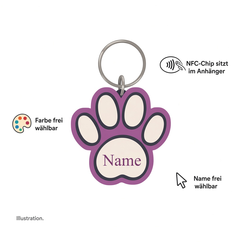 KI-Illustration: NFC-Chip sitzt im Anhänger, Farbe und Name sind wählbar.